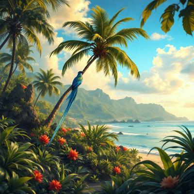 The primary subject of the image is a blue bird perched on a tree branch. The bird is surrounded by a lush, tropical environment, with a beach and mountains visible in the background. The visual style of the image is a digital art or illustration, creating a vibrant and colorful scene. The colors and mood of the image are predominantly blue and green, with a sense of serenity and natural beauty.